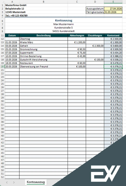 kontoauszug excel vorlage kostenlos