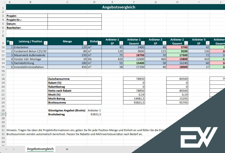 angebotsvergleich excel vorlage kostenlos