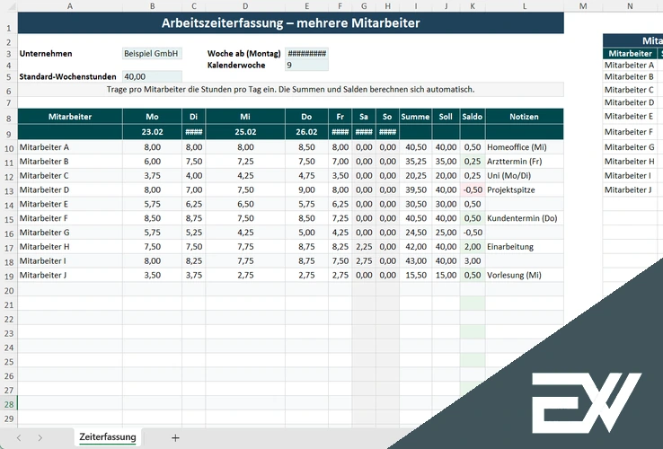 arbeitszeiterfassung fuer drei mitarbeiter monatsuebersicht