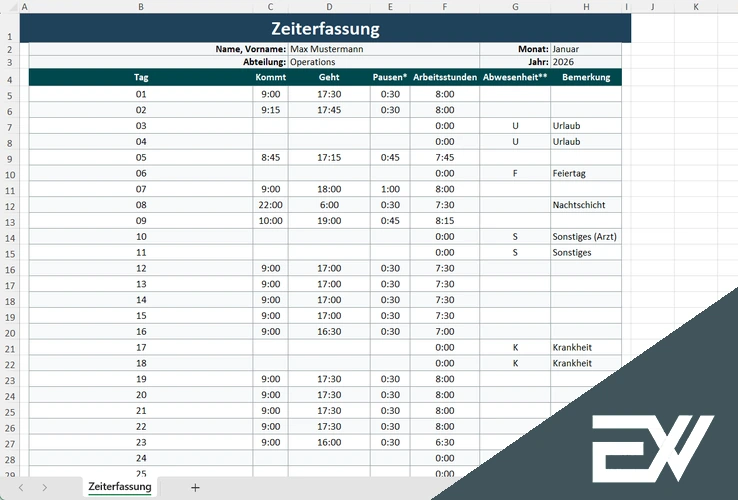 excel arbeitszeiterfassung vorlage kostenlos
