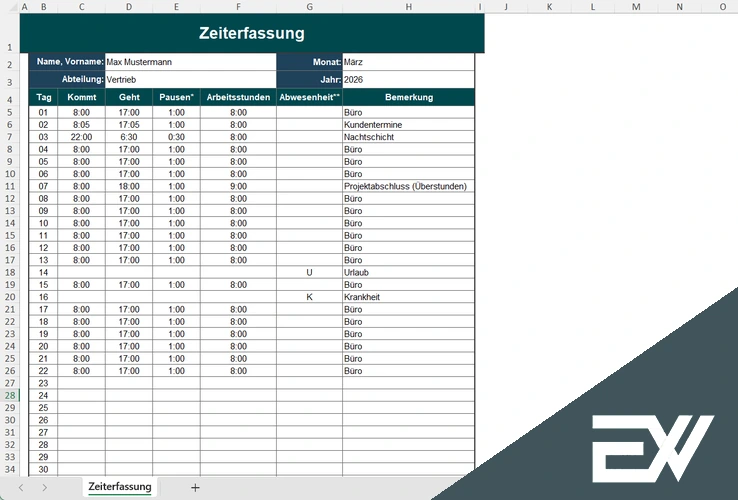 excel tabelle vorlage zu zeiterfassung kostenlos