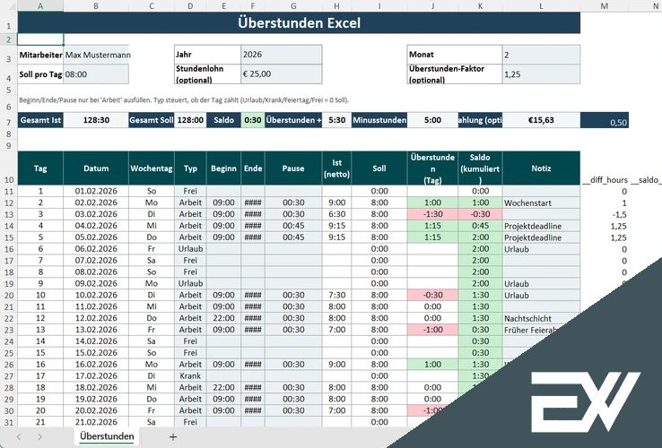 Excel Überstunden Tabelle