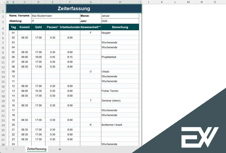 excel vorlage erfassung arbeitszeit