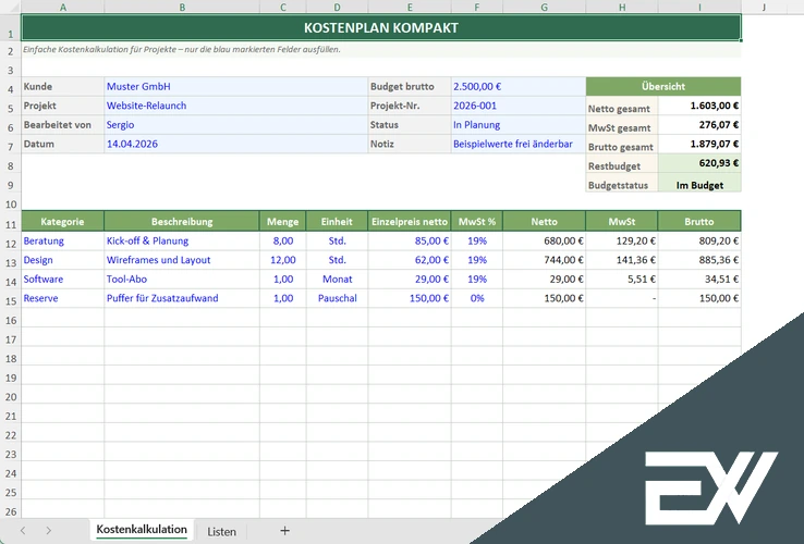 kostenkalkulation excel gratis