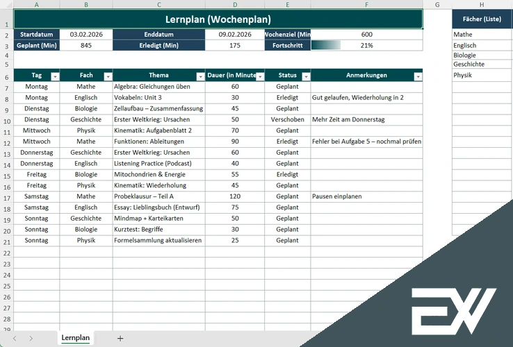 lernplan excel vorlage kostenlos