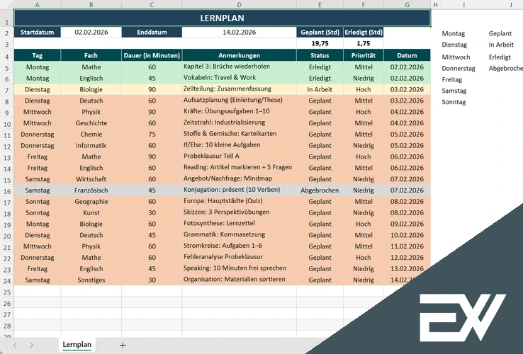 lernplan excel vorlage