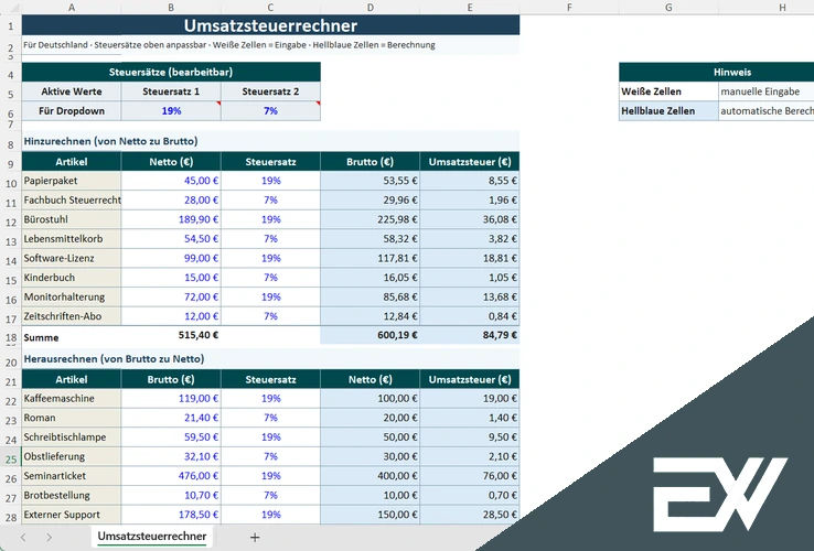 mwst berechnen excel formel