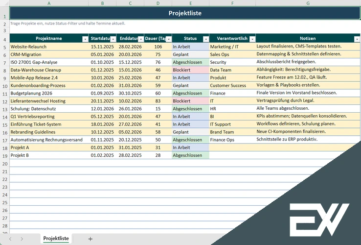 projektliste vorlage