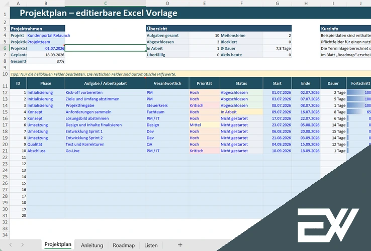 projektplan excel vorlage