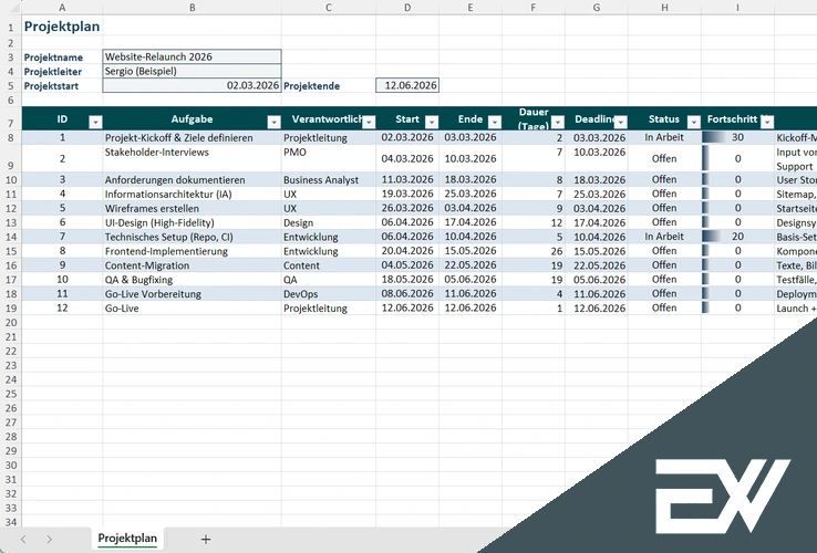 projektplaner excel vorlage