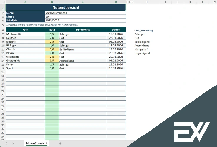 student notenübersicht excel vorlage