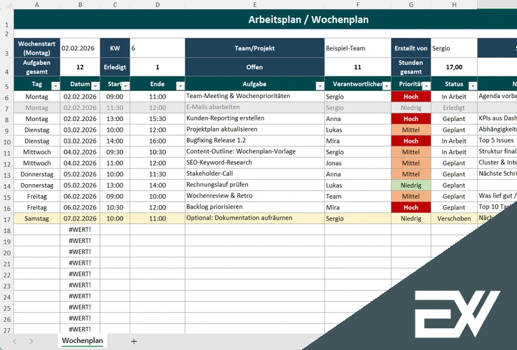 stundengenauer wochenplaner für excel mit projekten