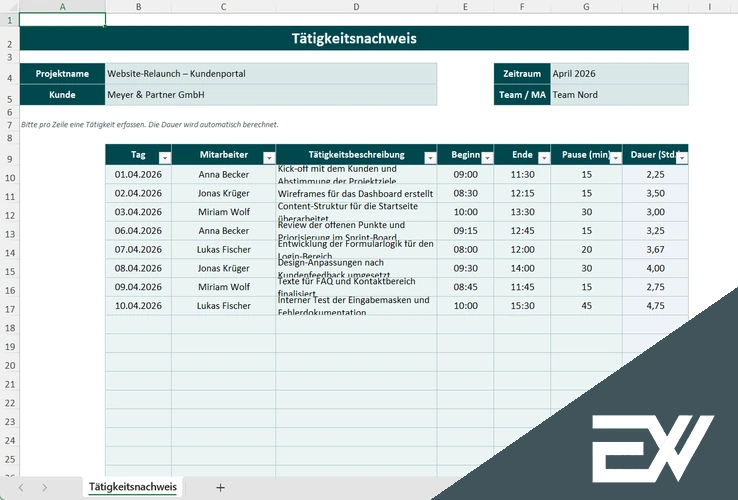 taetigkeitsnachweis vorlage excel 1