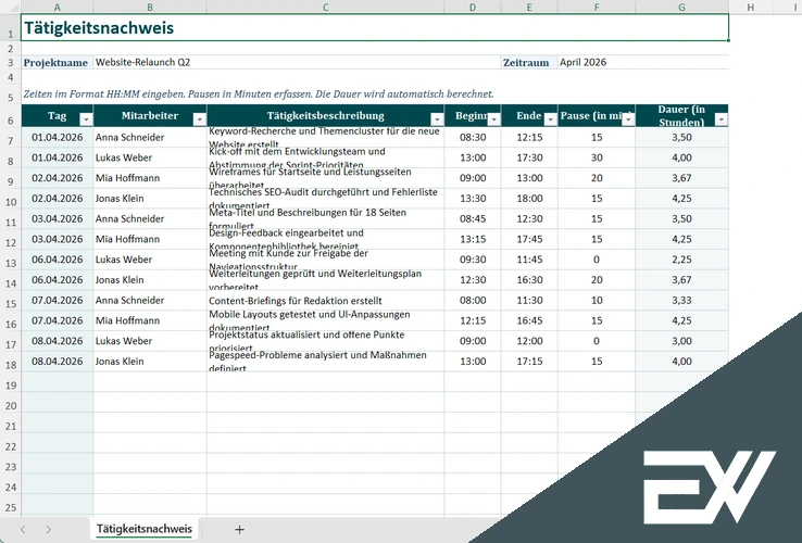 taetigkeitsnachweis vorlage excel kostenlos