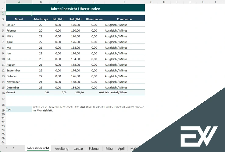 Überstunden Excel Vorlage