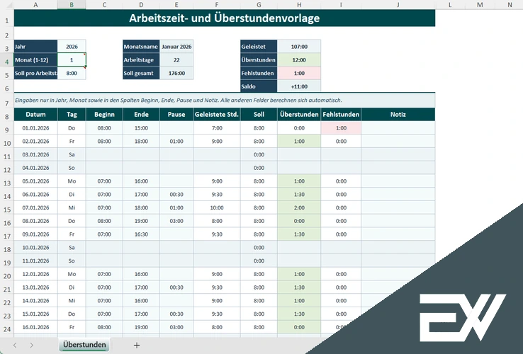 Überstunden Excel