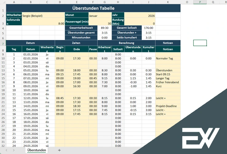 Überstunden Tabelle zum Ausdrucken