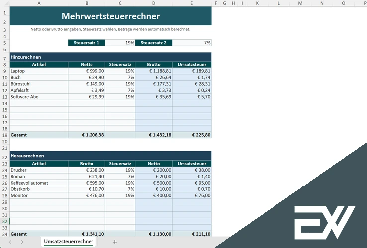 umsatzsteuer berechnen formel excel