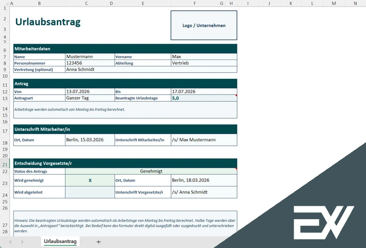 Urlaubsantrag Excel Vorlage Kostenlos