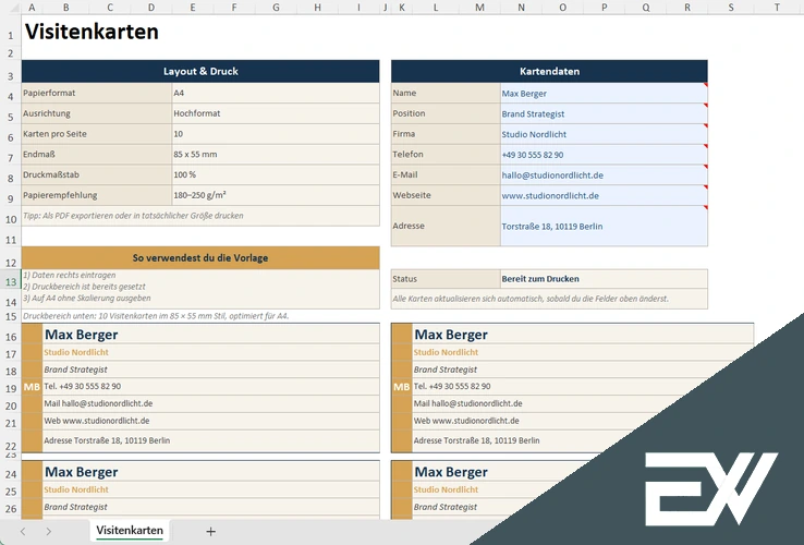 visitenkarte excel vorlage kostenlos gratis