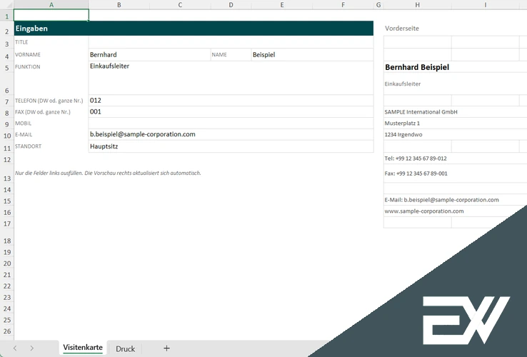 visitenkarten vorlagen excel tabelle