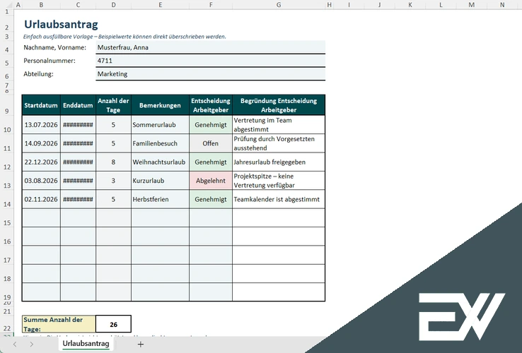 Vorlage Urlaubsantrag Excel
