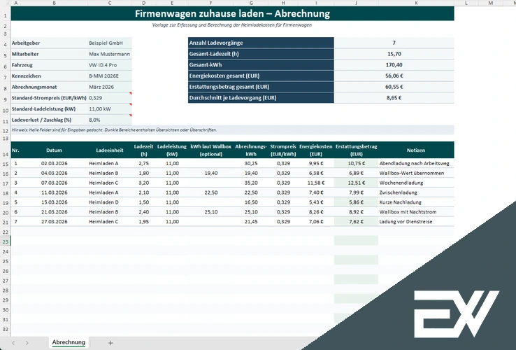 firmenwagen zuhause laden abrechnung excel kostenlos