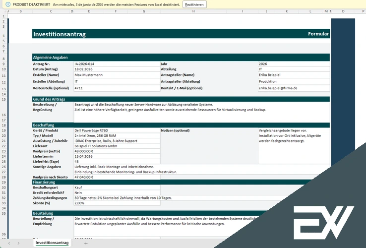 Investitionsantrag excel vorlage kostenlos
