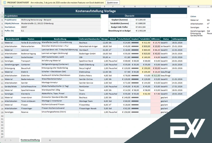 aufstellung kosten excel vorlage kostenlos