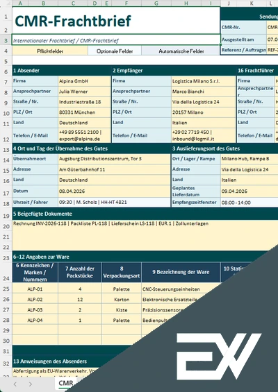 cmr frachtbrief vorlage excel