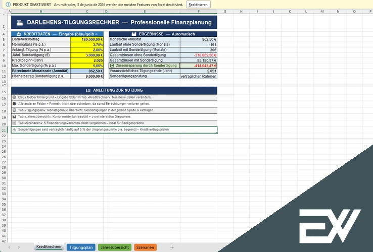 darlehensrechner mit tilgungsplan excel