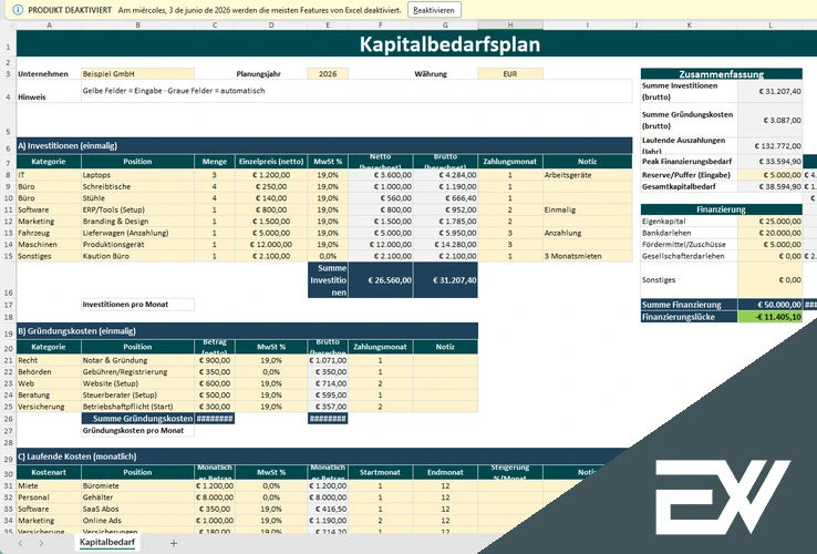 kapitalbedarfsplan excel vorlage kostenlos