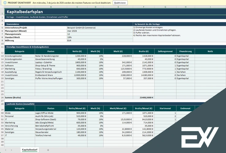 kapitalbedarfsplan excel vorlage
