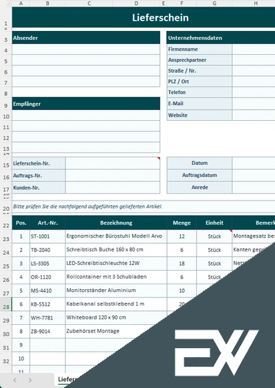 lieferschein excel vorlage kostenlos
