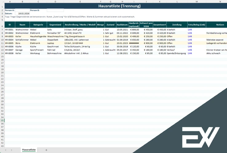 liste hausrat trennung excel vorlage kostenlos