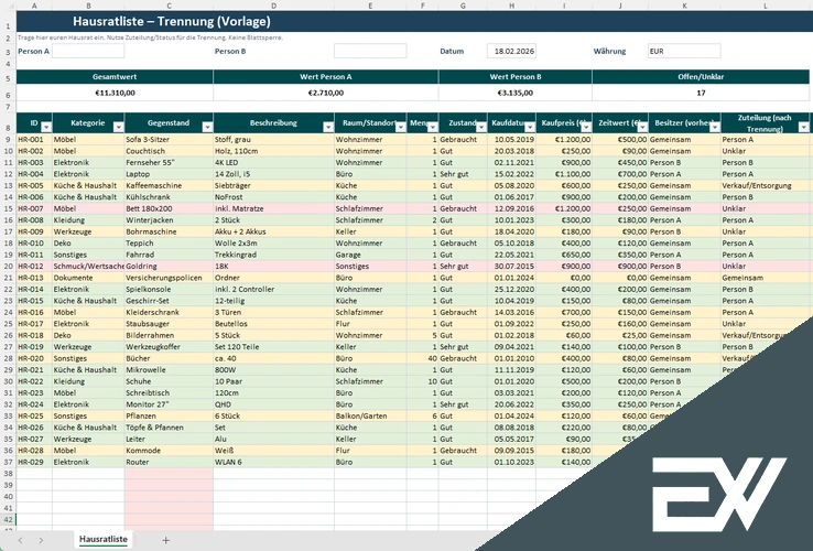 liste hausrat trennung vorlage excel