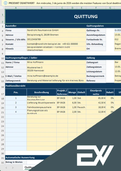 quittung excel vorlage kostenlos