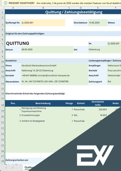 quittung excel vorlage