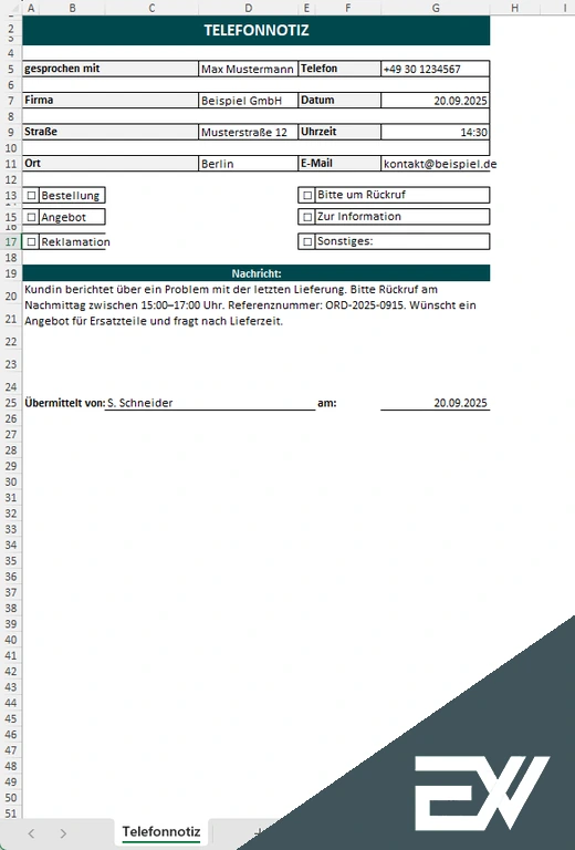 telefonnotiz excel vorlage