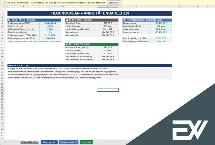 tilgungsplan excel vorlage kostenlos
