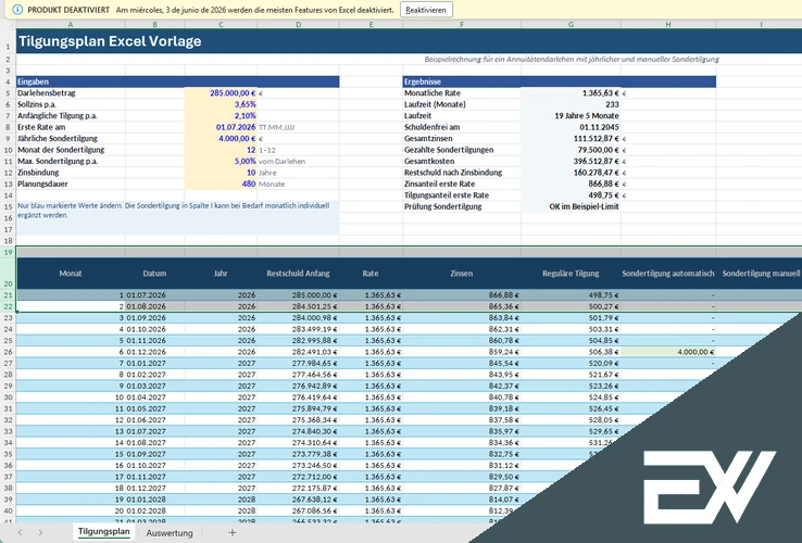 tilgungsplan rechner excel