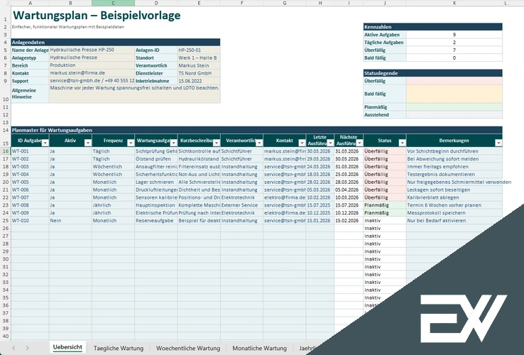 wartungsplan vorlage excel