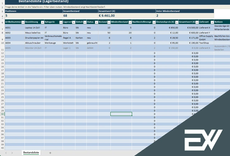 Bestandsliste Excel