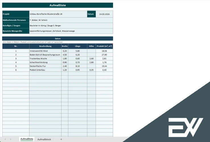 Aufmaßblatt Excel