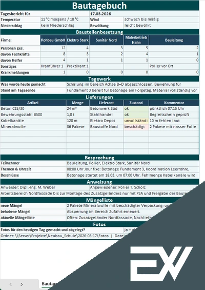 Bautagebuch Excel Vorlage Bautagebuch Excel Vorlage