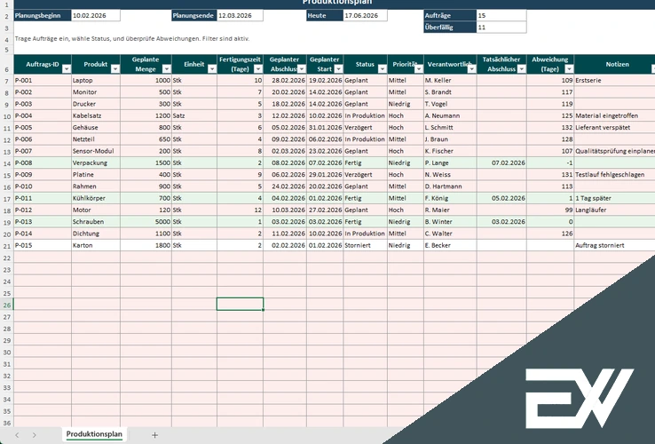 produktionsplanung excel