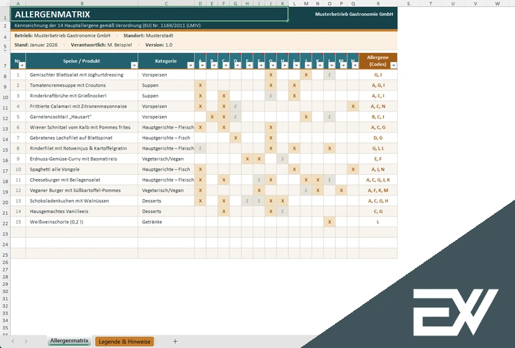 Allergene Tabelle Excel Vorlage