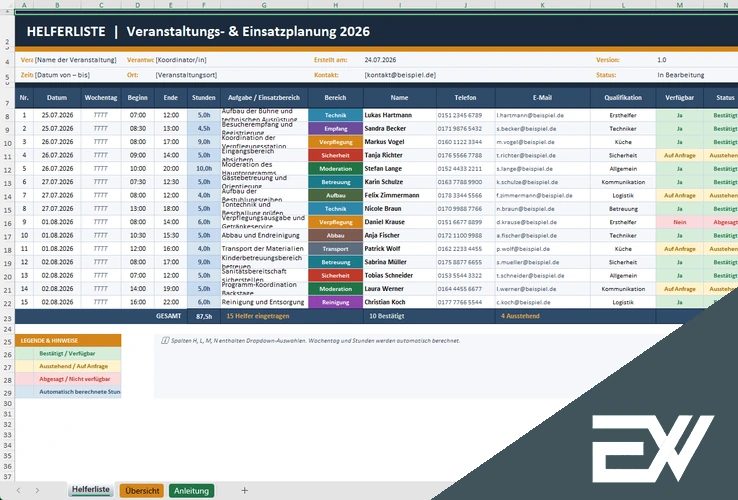 Helferliste Excel Vorlage