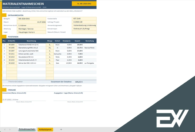 Materialentnahmeschein Excel
