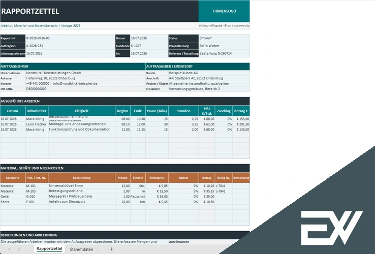Rapportzettel Excel Vorlage